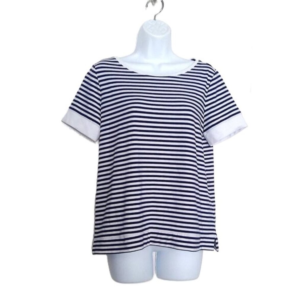 Lands' End Top Striped Pullover Short Sleeve Navy & White Nautical EUC Sz XS